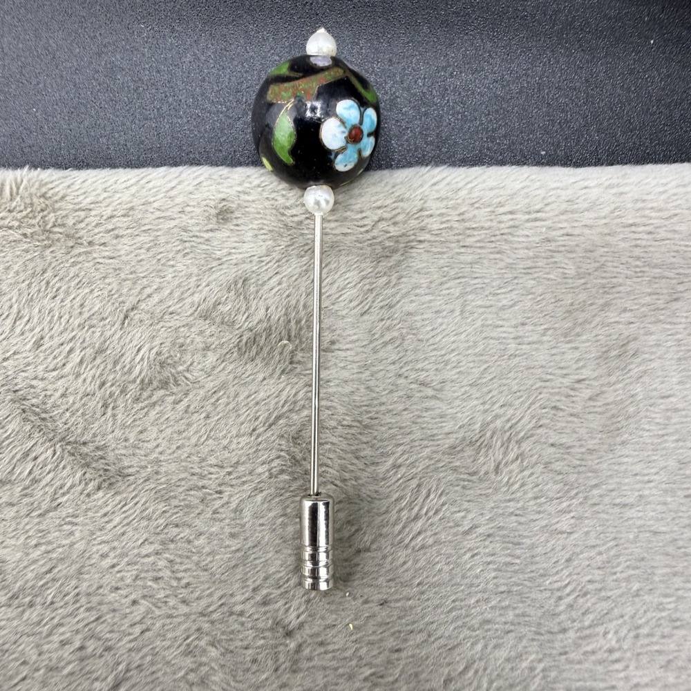 Vintage Estate Stick‎ Pin Black Cloisonne Enamel Floral Bead Gold Tone READ